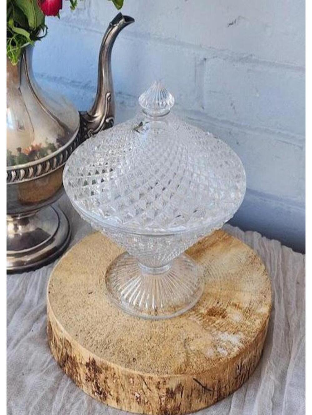 Vintage Diamond Pattern Cut Glass Pedestal Candy Dish with Lid